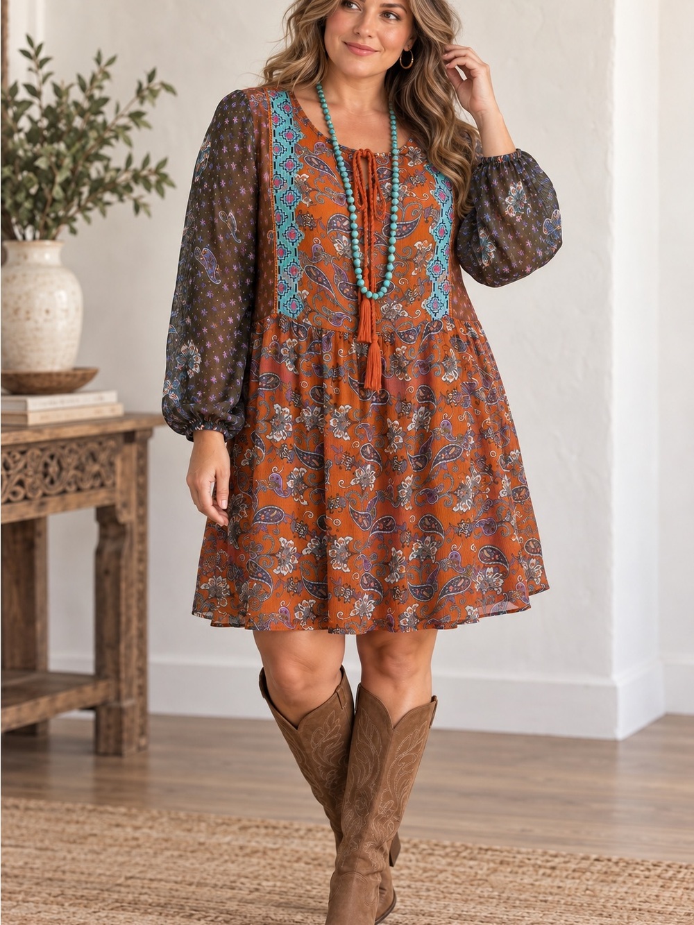 Sundance Boho Paisley Embroidered Dress M Sheer Sleeves Tassel Southwestern
